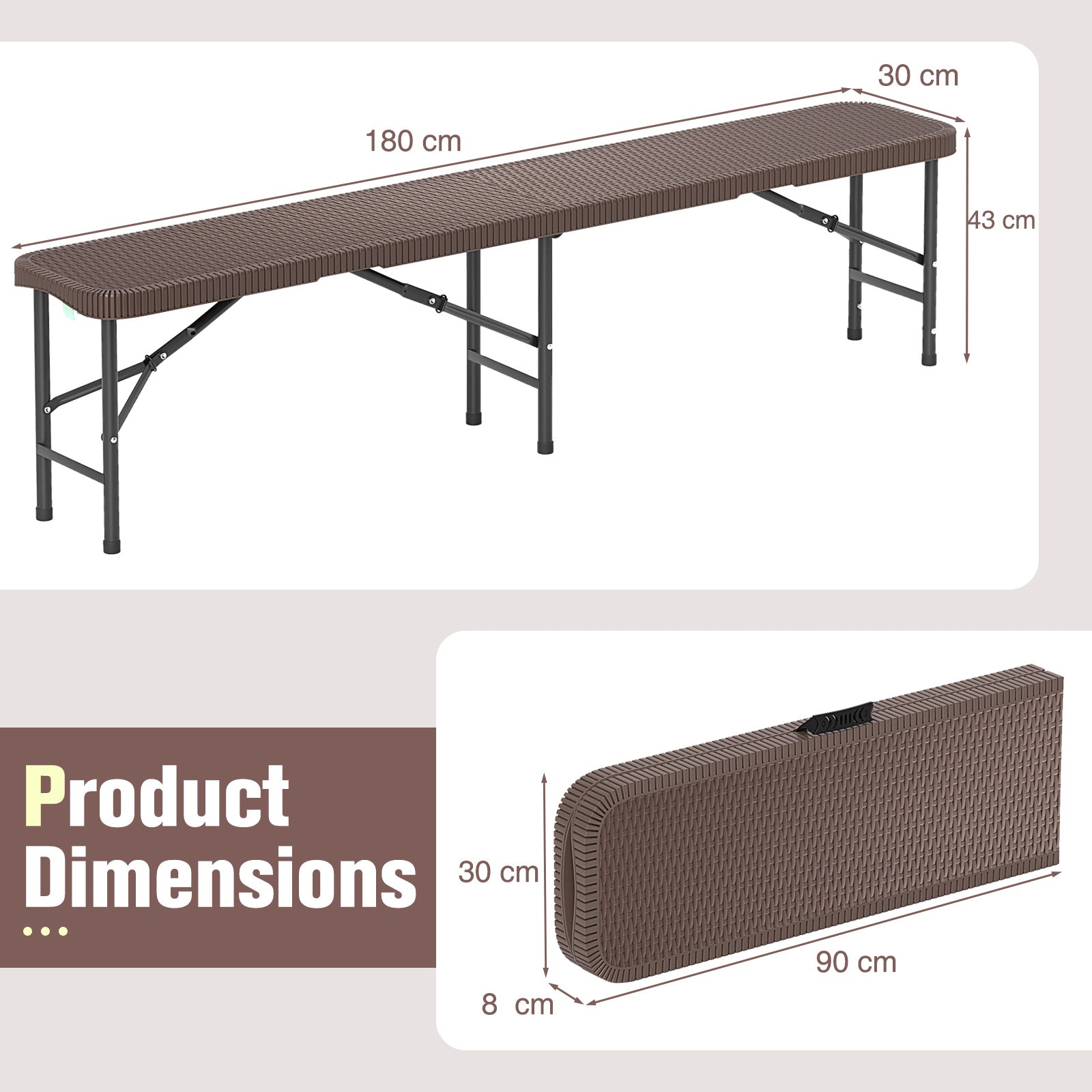 Set of 2 180cm Folding Bench Rattan-Like HDPE Seat with Lock-Coffee