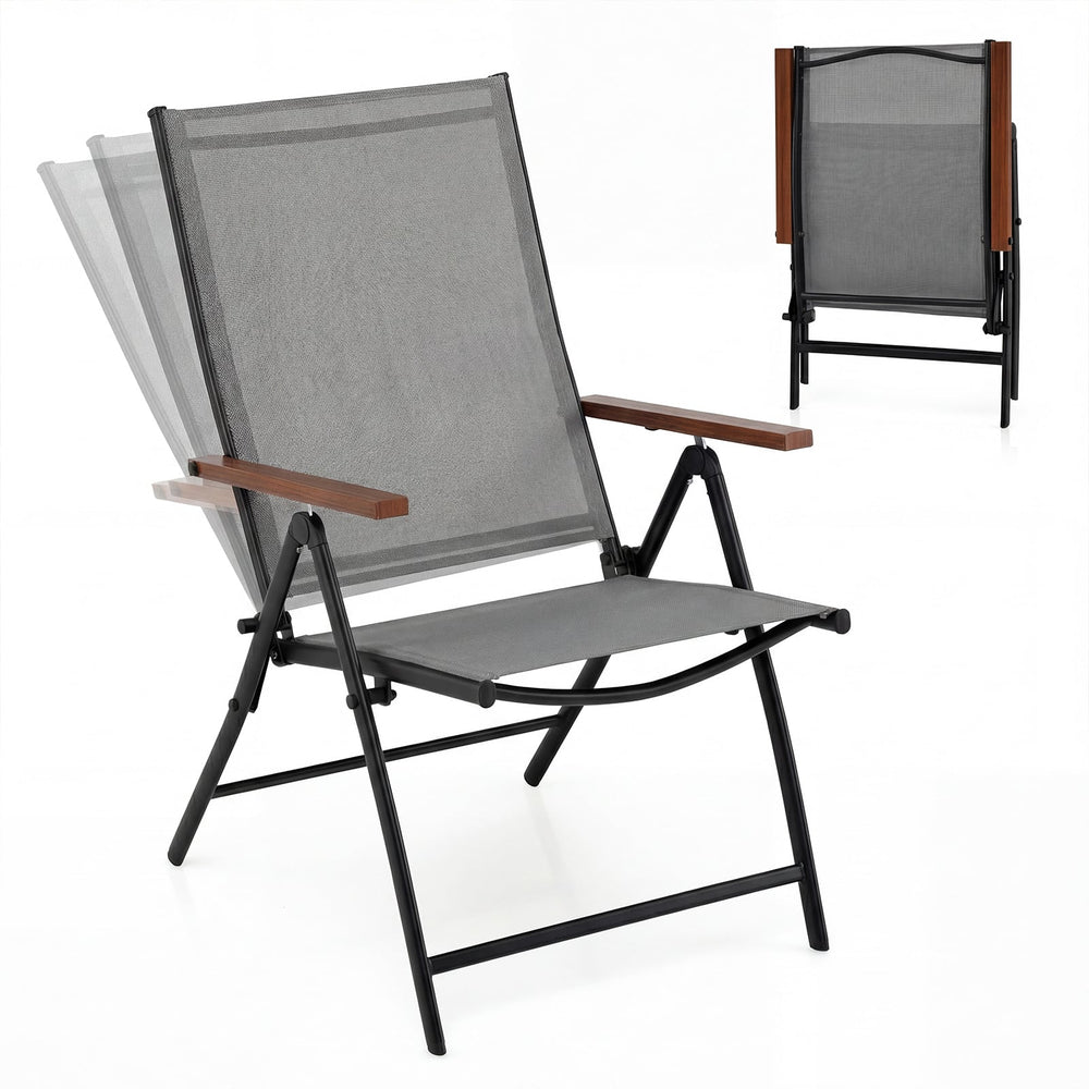 Set of 2/4 Breathable Fabric Folding Patio Chairs with 5-Position Adjustable Backrests-Grey