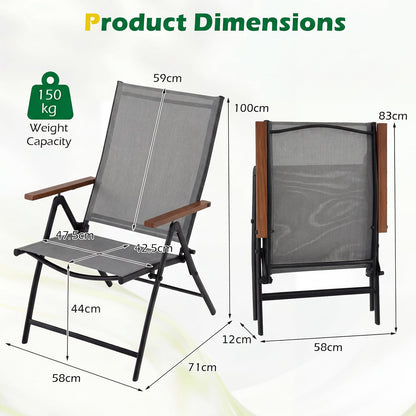 Set of 2/4 Breathable Fabric Folding Patio Chairs with 5-Position Adjustable Backrests-Grey