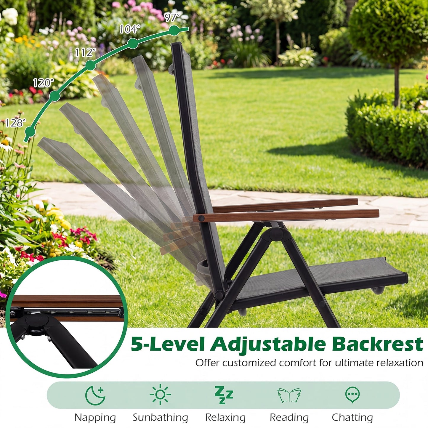 Set of 2/4 Breathable Fabric Folding Patio Chairs with 5-Position Adjustable Backrests-Grey
