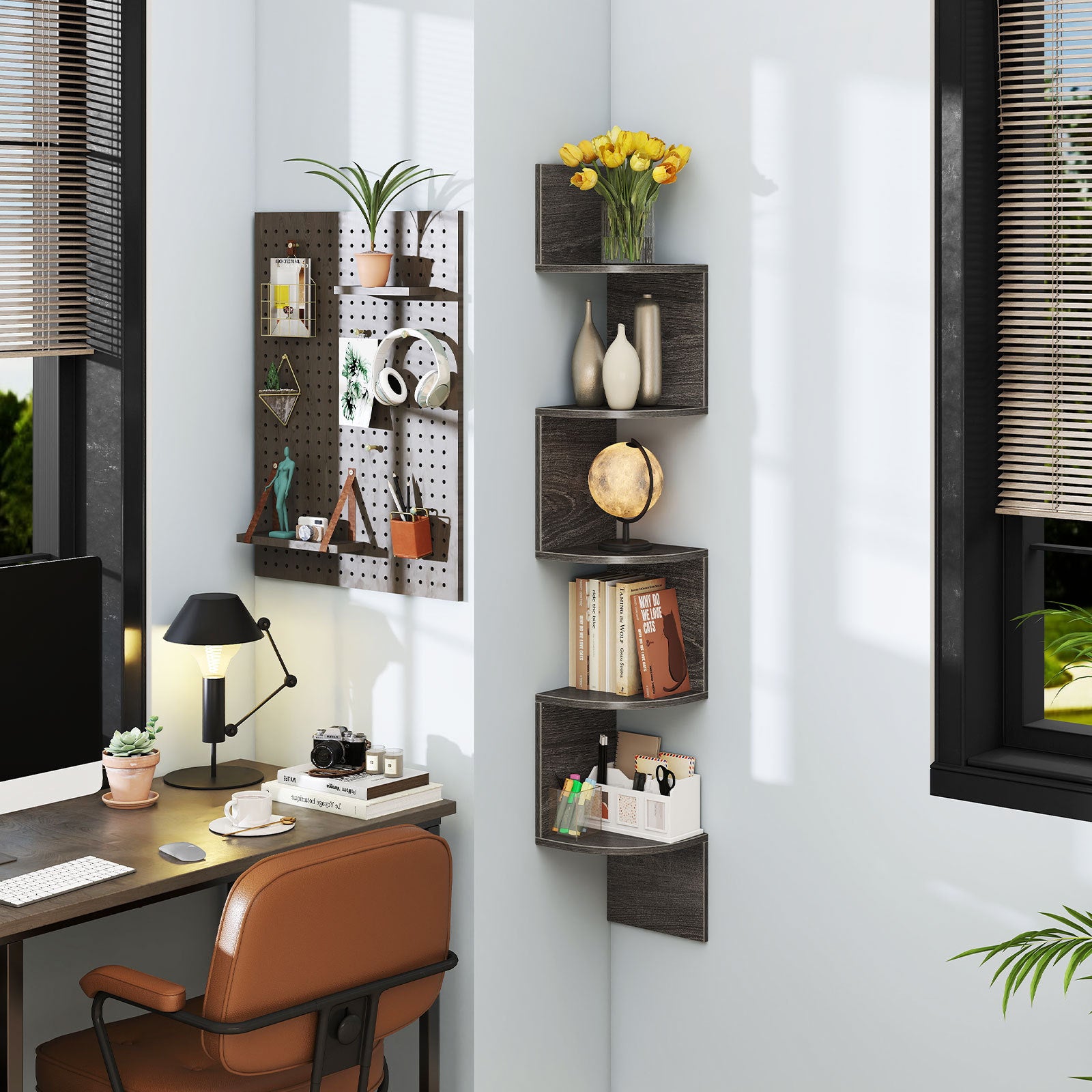 Set of 2 5-Tier Corner Shelf Wall Mount Floating Corner Bookshelf Corner Ladder Shelf-Grey