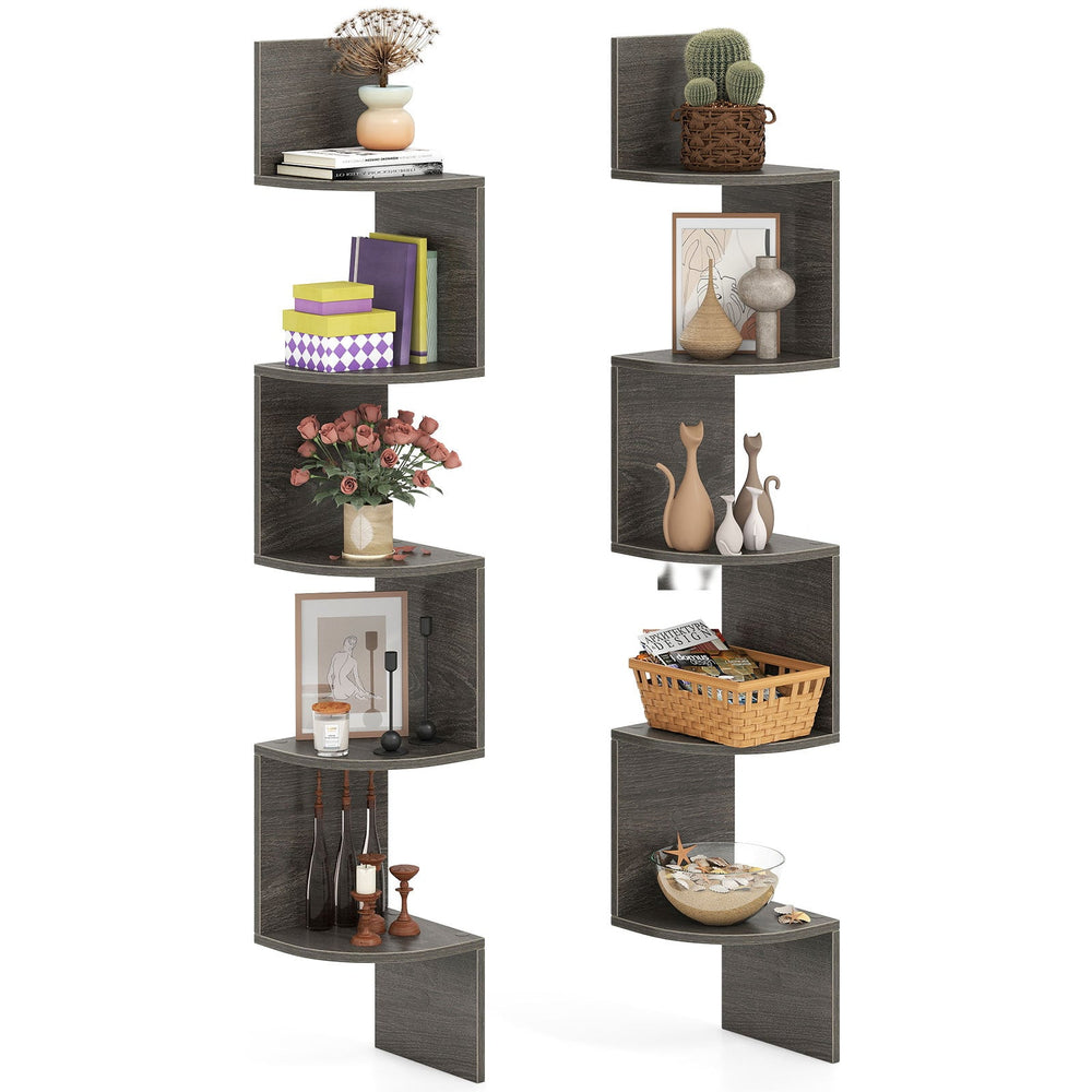 Set of 2 5-Tier Corner Shelf Wall Mount Floating Corner Bookshelf Corner Ladder Shelf-Grey