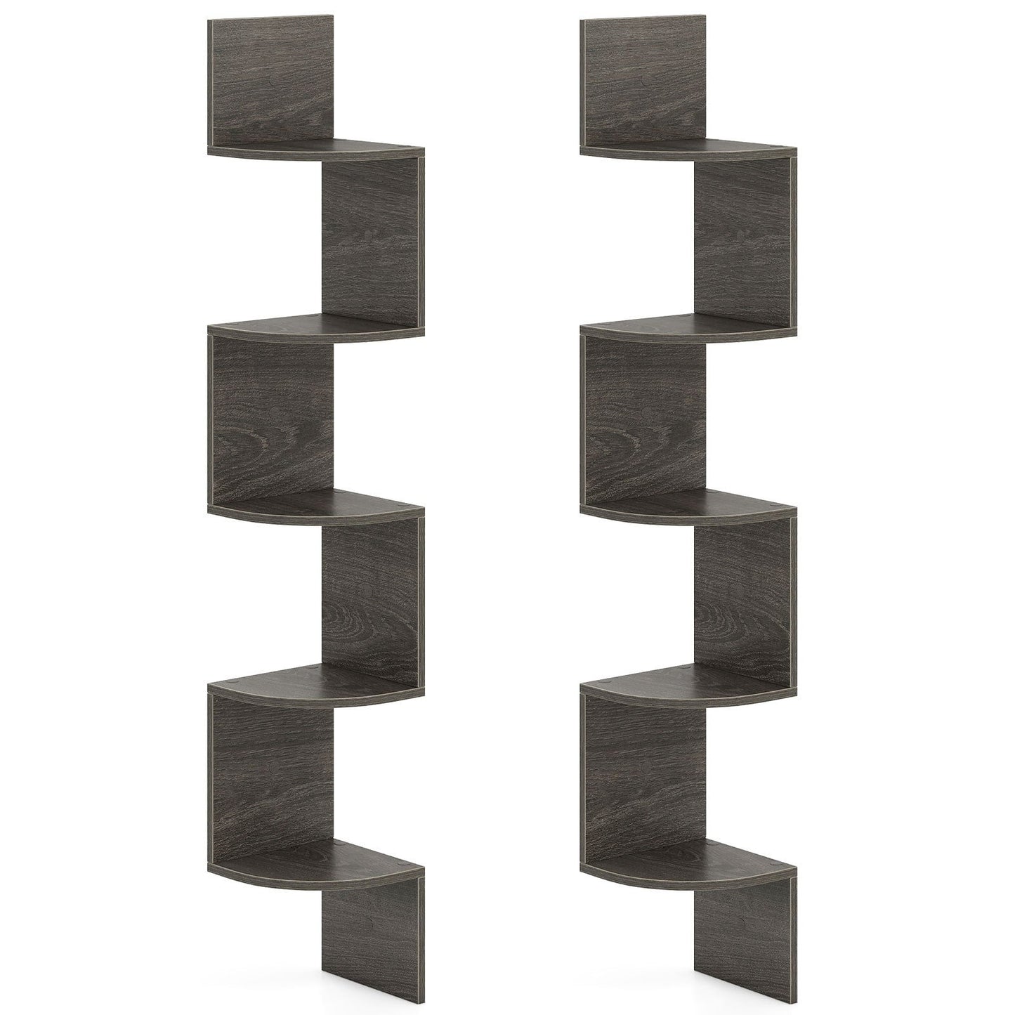 Set of 2 5-Tier Corner Shelf Wall Mount Floating Corner Bookshelf Corner Ladder Shelf-Grey
