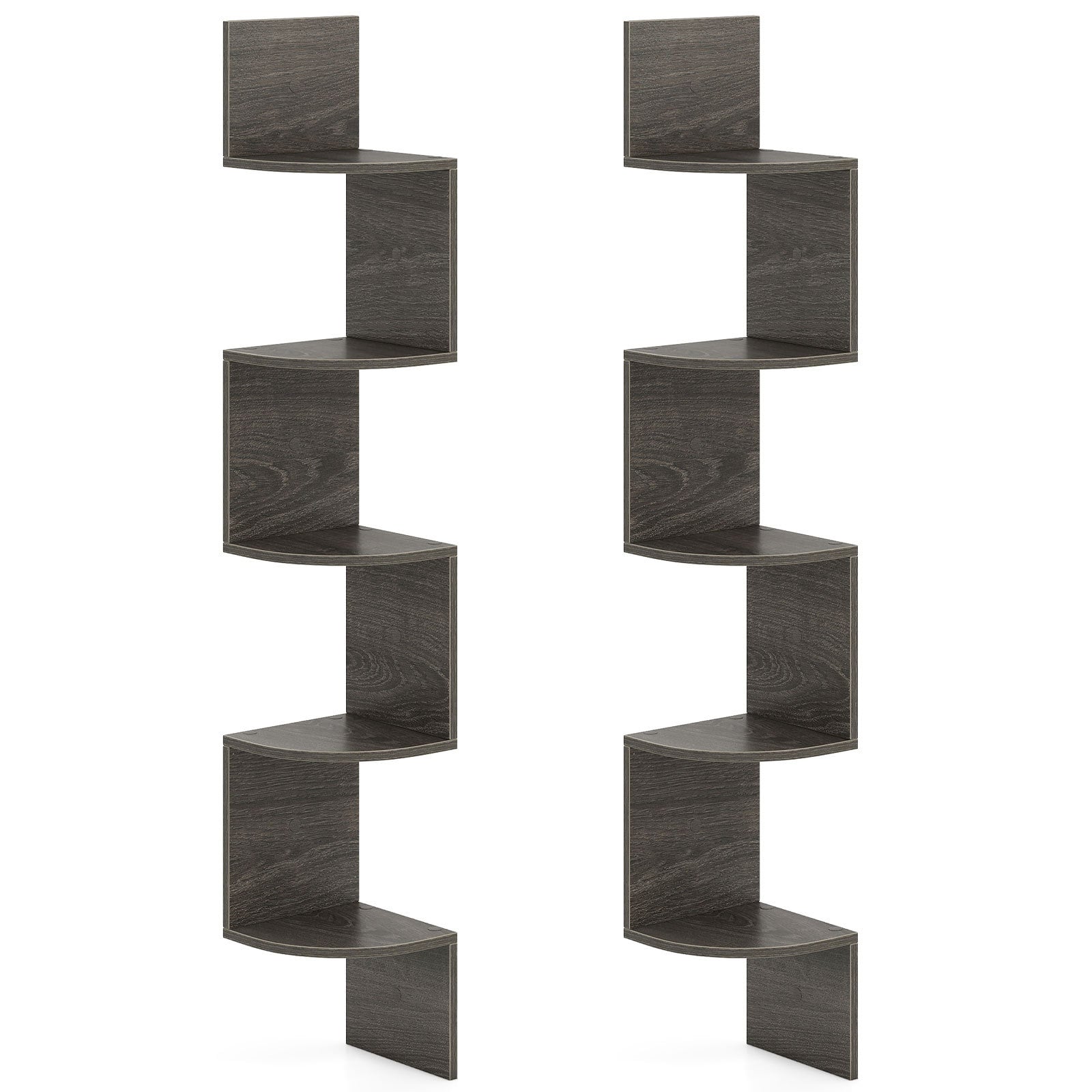 Set of 2 5-Tier Corner Shelf Wall Mount Floating Corner Bookshelf Corner Ladder Shelf-Grey