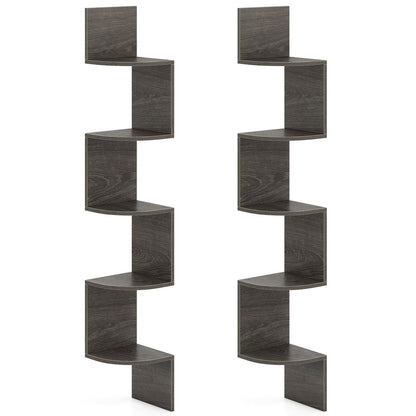 Set of 2 5-Tier Corner Shelf Wall Mount Floating Corner Bookshelf Corner Ladder Shelf-Grey