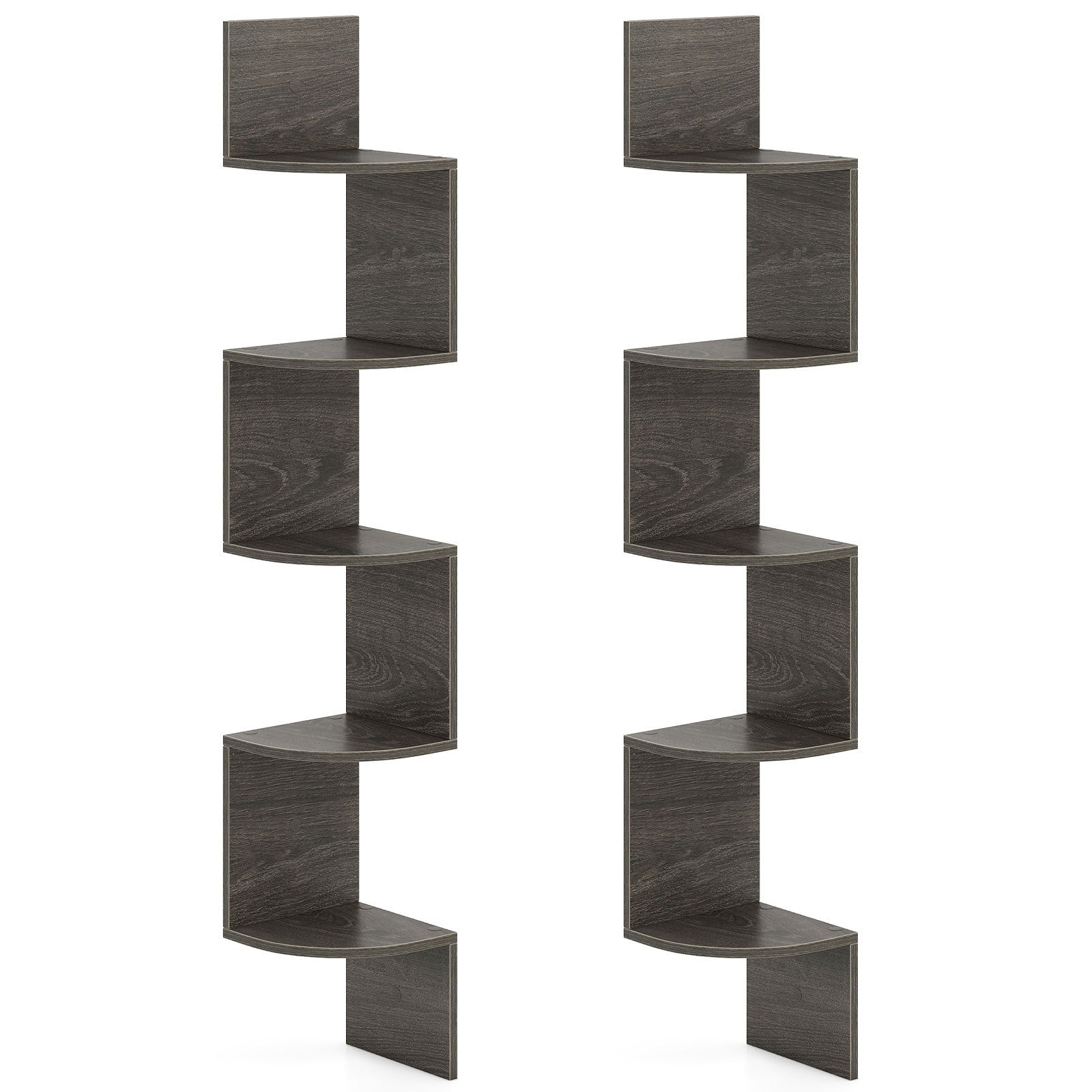 Set of 2 5-Tier Corner Shelf Wall Mount Floating Corner Bookshelf Corner Ladder Shelf-Grey