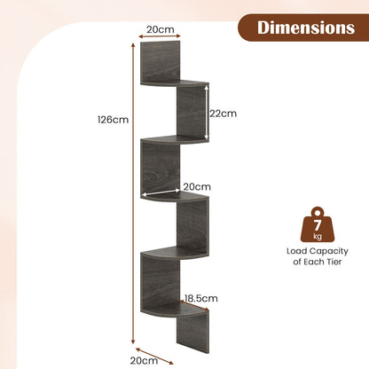 Set of 2 5-Tier Corner Shelf Wall Mount Floating Corner Bookshelf Corner Ladder Shelf-Grey