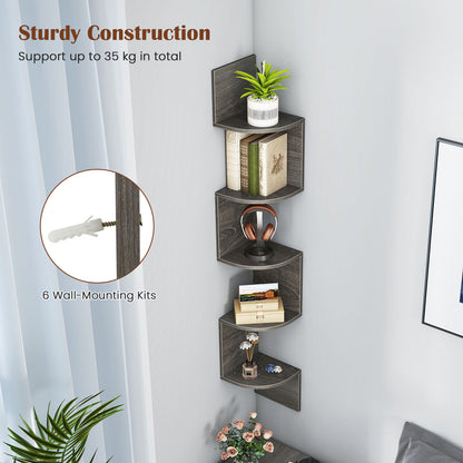 Set of 2 5-Tier Corner Shelf Wall Mount Floating Corner Bookshelf Corner Ladder Shelf-Grey