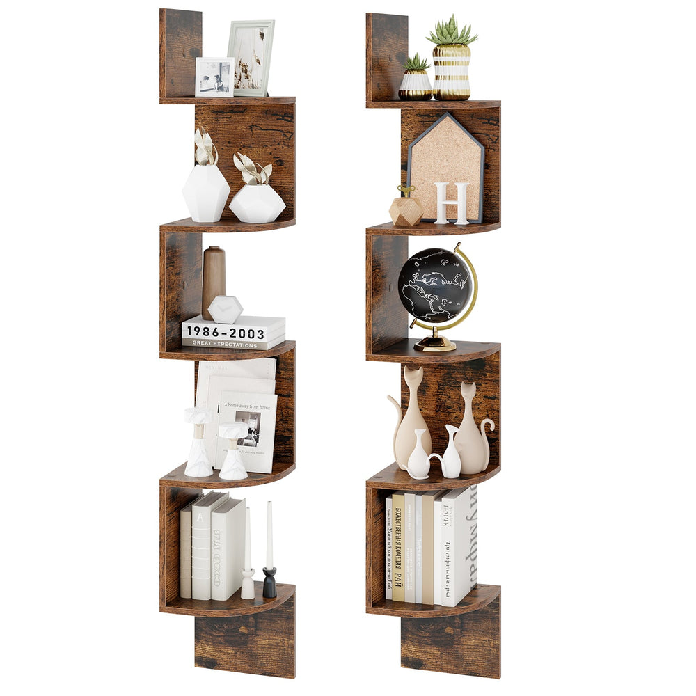 Set of 2 5-Tier Corner Shelf Wall Mount Floating Corner Bookshelf Corner Ladder Shelf-Rustic Brown