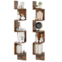 Set of 2 5-Tier Corner Shelf Wall Mount Floating Corner Bookshelf Corner Ladder Shelf-Rustic Brown