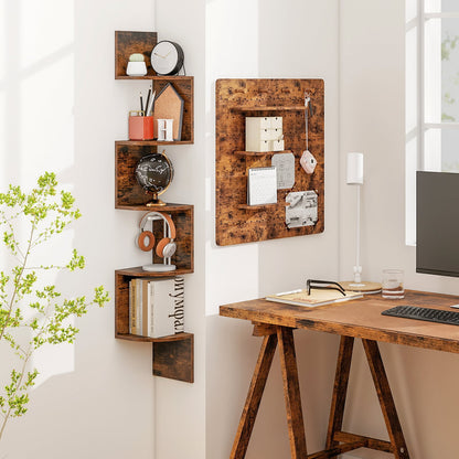 Set of 2 5-Tier Corner Shelf Wall Mount Floating Corner Bookshelf Corner Ladder Shelf-Rustic Brown