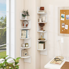 Set of 2 5-Tier Corner Shelf Wall Mount Floating Corner Bookshelf Corner Ladder Shelf-White
