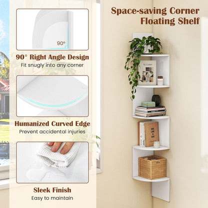 Set of 2 5-Tier Corner Shelf Wall Mount Floating Corner Bookshelf Corner Ladder Shelf-White