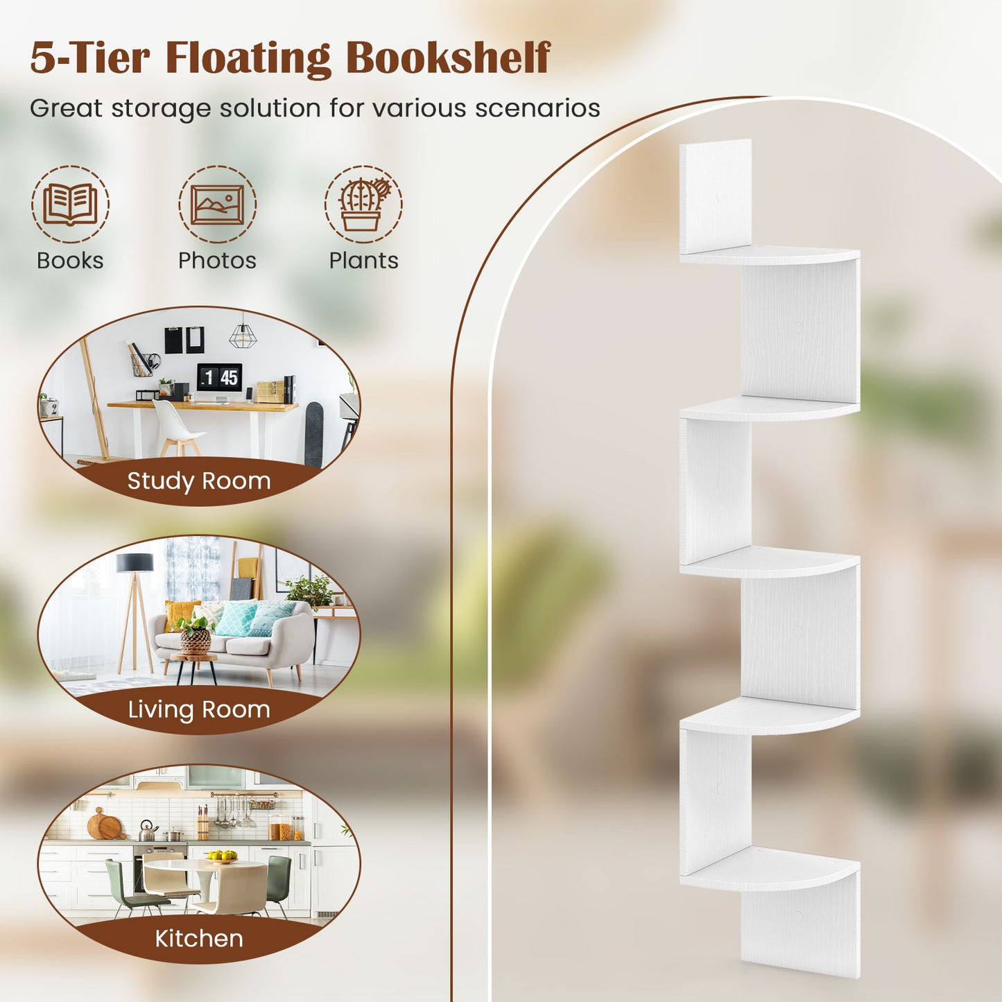 Set of 2 5-Tier Corner Shelf Wall Mount Floating Corner Bookshelf Corner Ladder Shelf-White