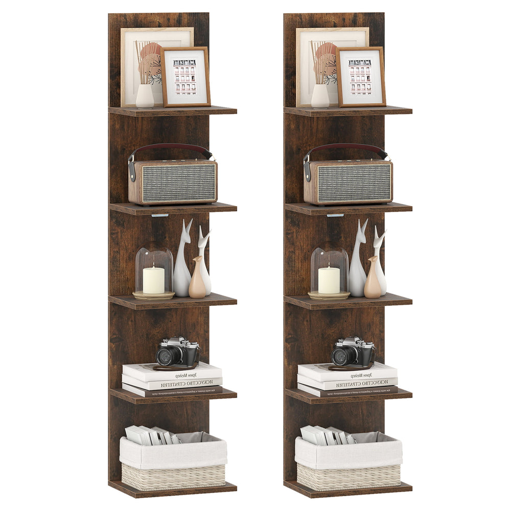 Set of 2 5-Tier Wall Shelves Vertical Floating Storage Shelf Unit-Rustic Brown