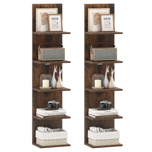 Set of 2 5-Tier Wall Shelves Vertical Floating Storage Shelf Unit-Rustic Brown
