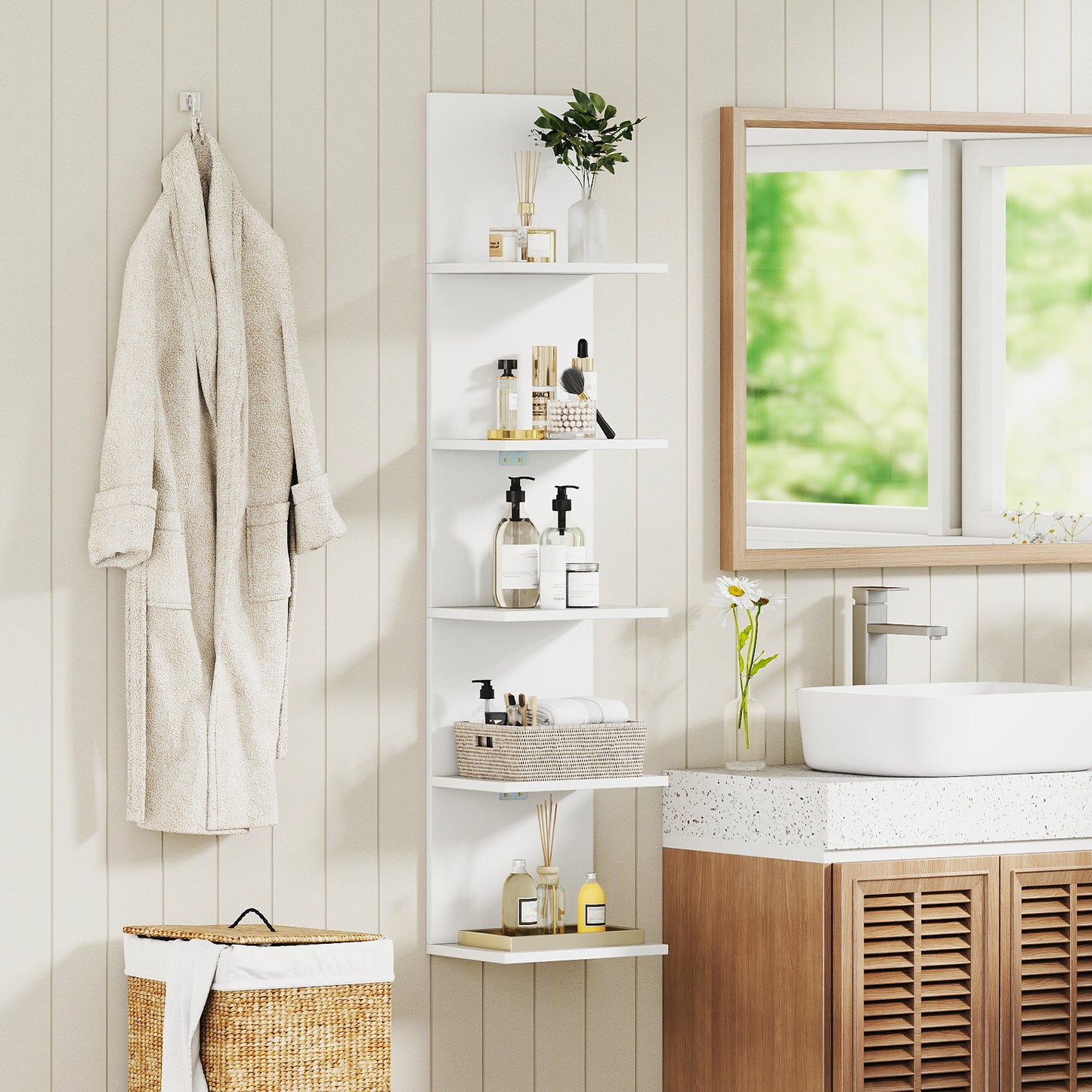 Set of 2 5-Tier Wall Shelves Vertical Floating Storage Shelf Unit-White