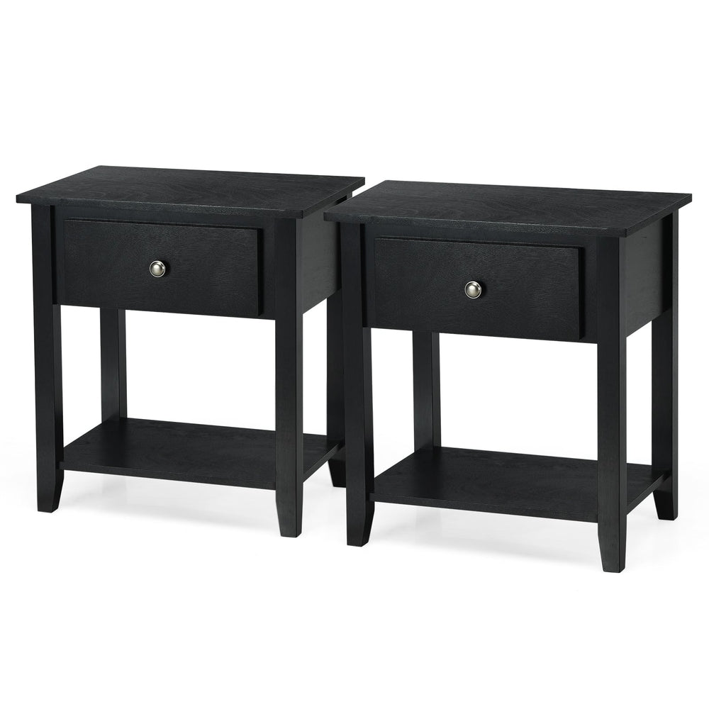Set of 2 Accent Table Narrow Side End Table with 1 Drawer and Open Storage Shelf-Black