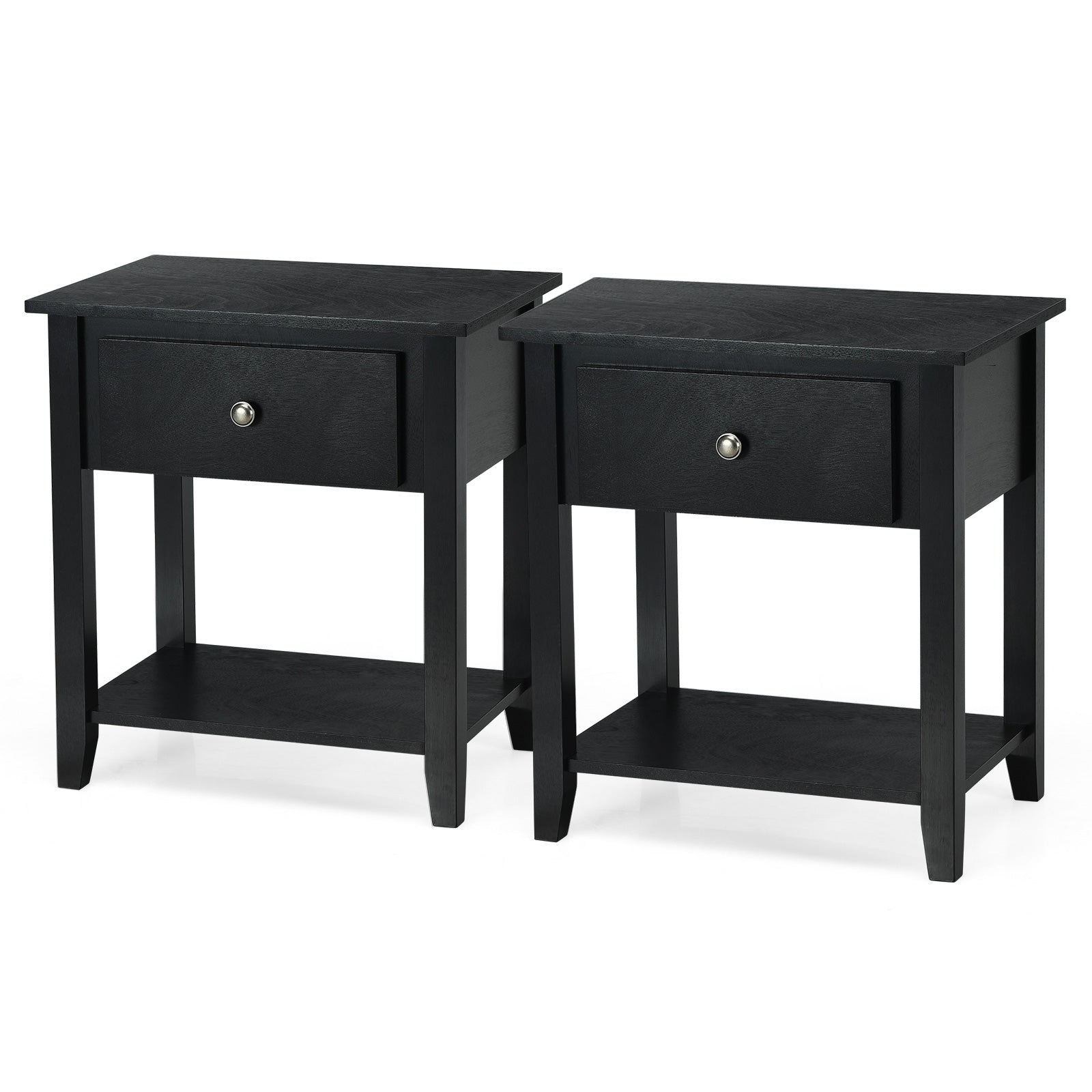 Set of 2 Accent Table Narrow Side End Table with 1 Drawer and Open Storage Shelf-Black