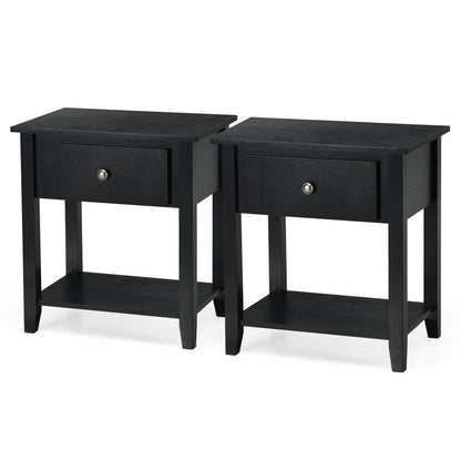 Set of 2 Accent Table Narrow Side End Table with 1 Drawer and Open Storage Shelf-Black
