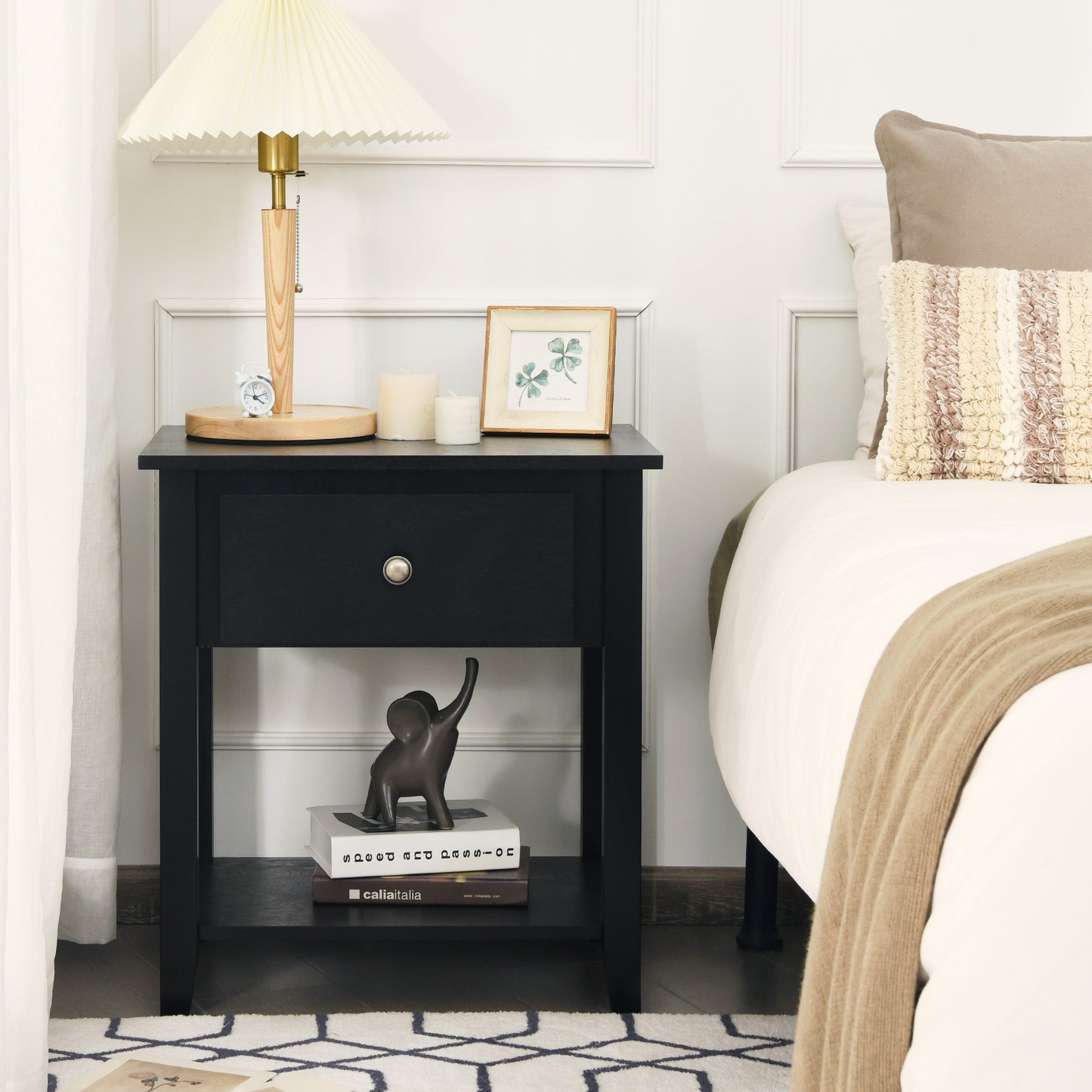 Set of 2 Accent Table Narrow Side End Table with 1 Drawer and Open Storage Shelf-Black