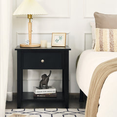 Set of 2 Accent Table Narrow Side End Table with 1 Drawer and Open Storage Shelf-Black