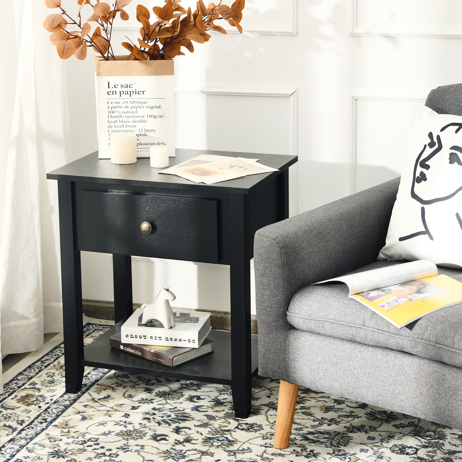 Set of 2 Accent Table Narrow Side End Table with 1 Drawer and Open Storage Shelf-Black