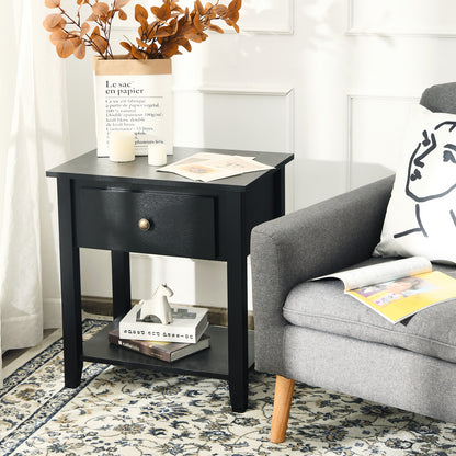 Set of 2 Accent Table Narrow Side End Table with 1 Drawer and Open Storage Shelf-Black