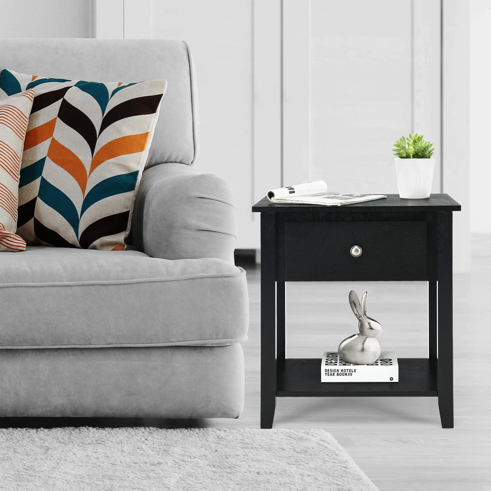 Set of 2 Accent Table Narrow Side End Table with 1 Drawer and Open Storage Shelf-Black