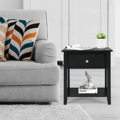 Set of 2 Accent Table Narrow Side End Table with 1 Drawer and Open Storage Shelf-Black