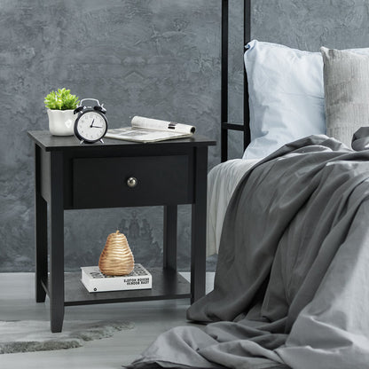 Set of 2 Accent Table Narrow Side End Table with 1 Drawer and Open Storage Shelf-Black