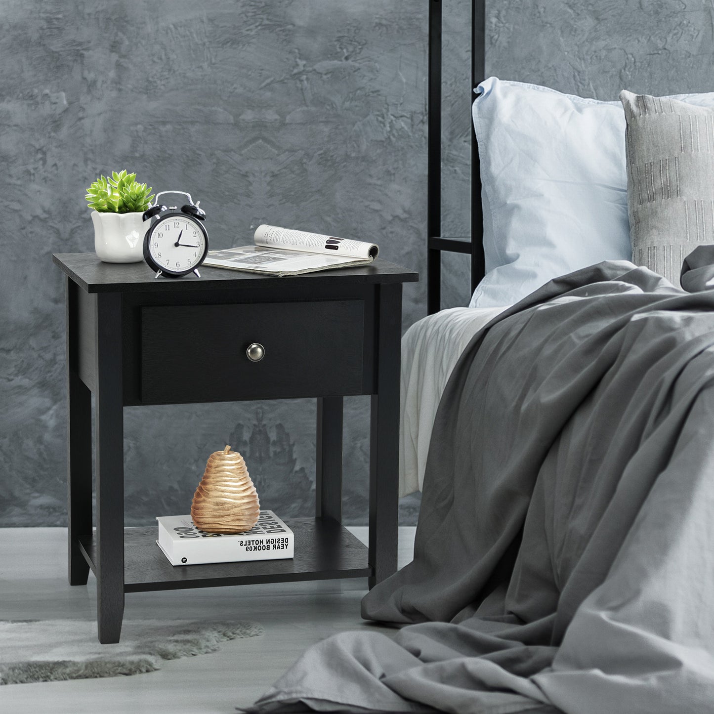 Set of 2 Accent Table Narrow Side End Table with 1 Drawer and Open Storage Shelf-Black