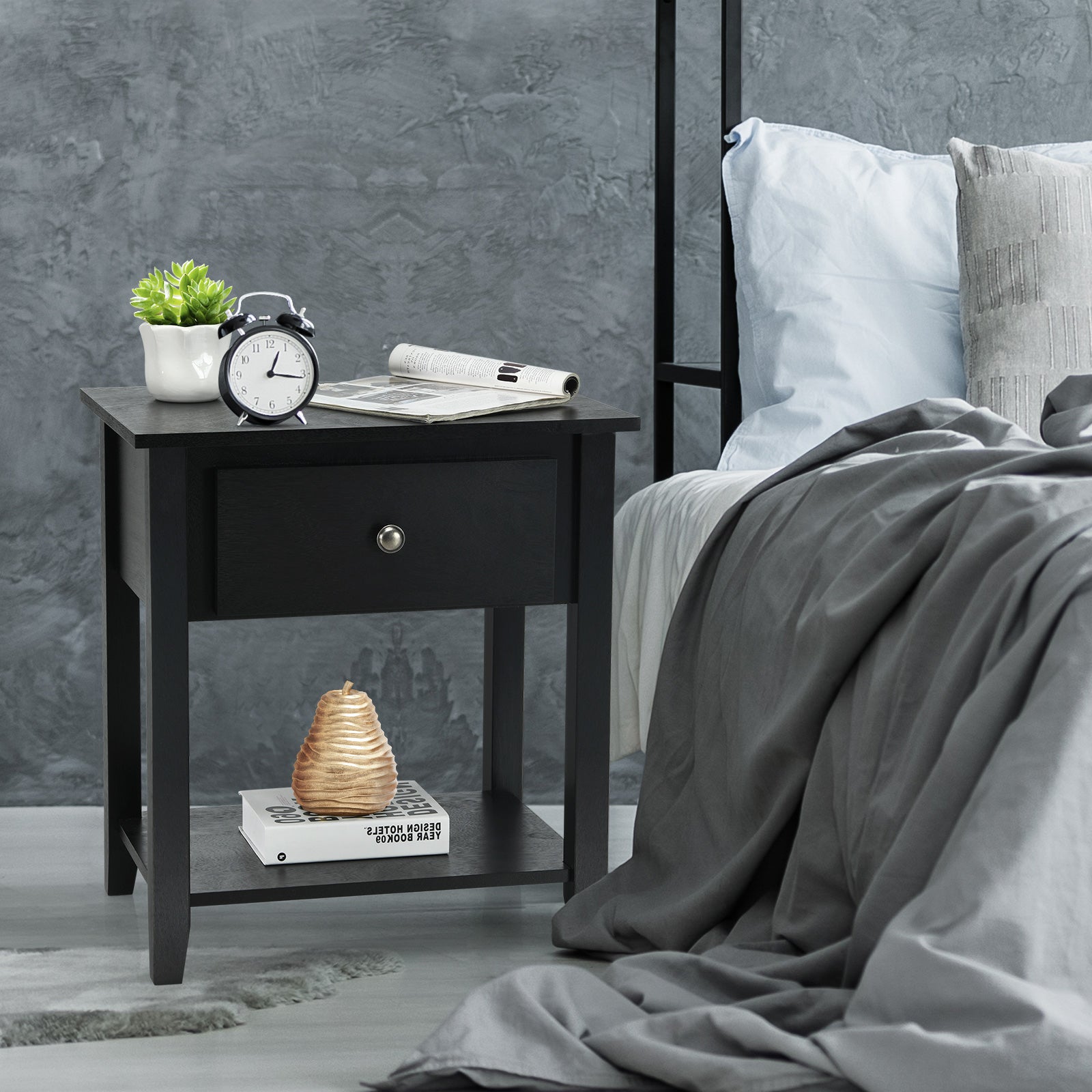 Set of 2 Accent Table Narrow Side End Table with 1 Drawer and Open Storage Shelf-Black