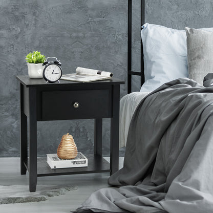 Set of 2 Accent Table Narrow Side End Table with 1 Drawer and Open Storage Shelf-Black