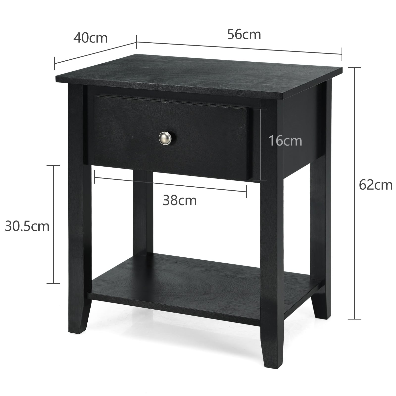 Set of 2 Accent Table Narrow Side End Table with 1 Drawer and Open Storage Shelf-Black