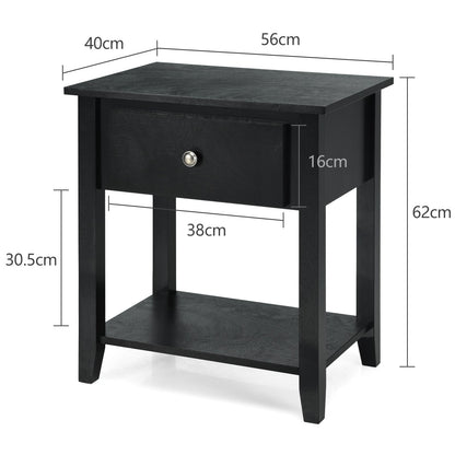 Set of 2 Accent Table Narrow Side End Table with 1 Drawer and Open Storage Shelf-Black