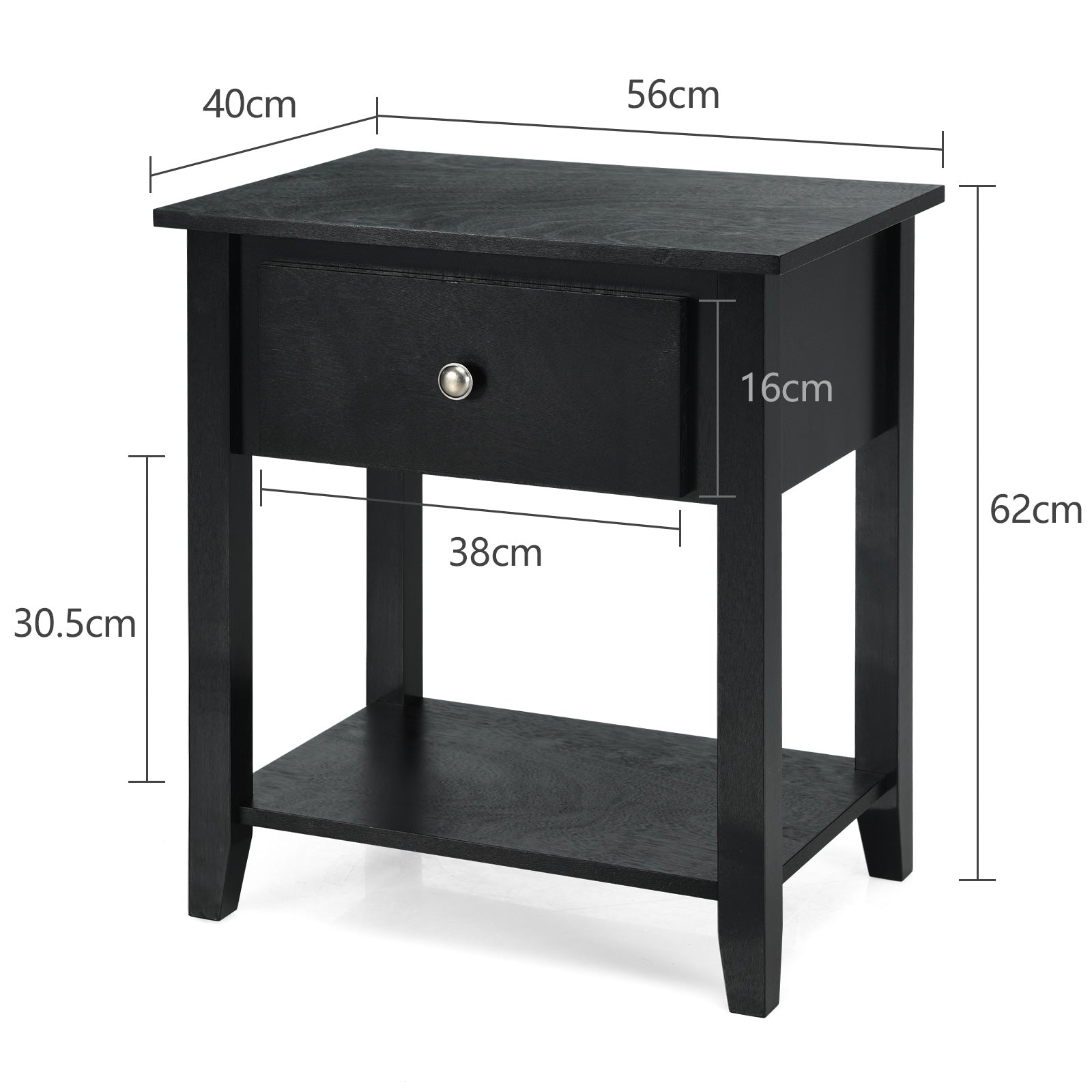 Set of 2 Accent Table Narrow Side End Table with 1 Drawer and Open Storage Shelf-Black