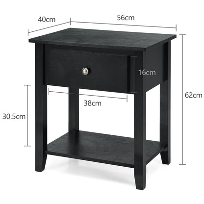 Set of 2 Accent Table Narrow Side End Table with 1 Drawer and Open Storage Shelf-Black