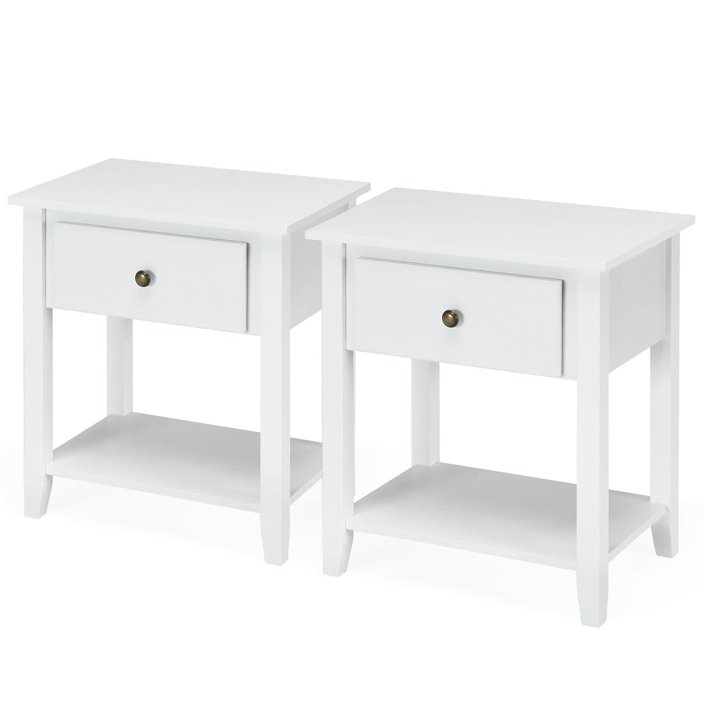 Set of 2 Accent Table Narrow Side End Table with 1 Drawer and Open Storage Shelf-White