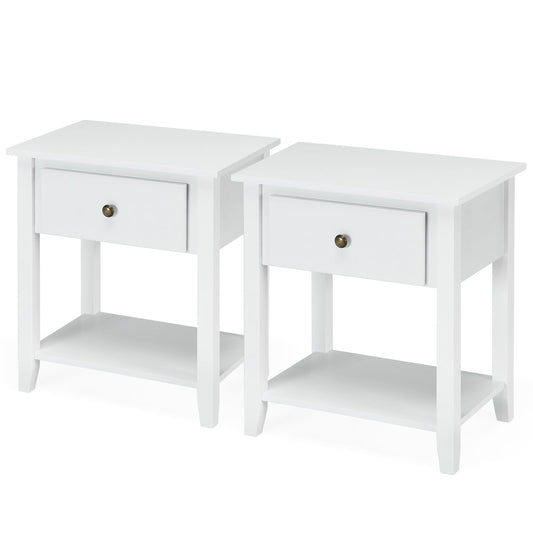 Set of 2 Accent Table Narrow Side End Table with 1 Drawer and Open Storage Shelf-White
