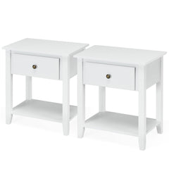 Set of 2 Accent Table Narrow Side End Table with 1 Drawer and Open Storage Shelf-White