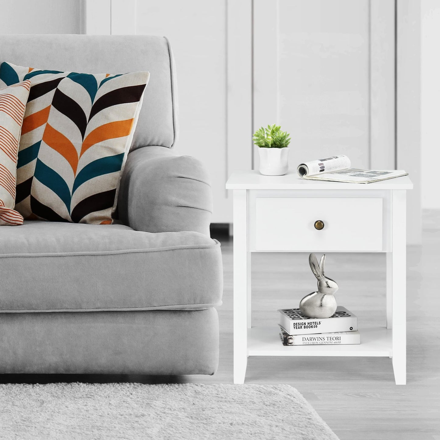 Set of 2 Accent Table Narrow Side End Table with 1 Drawer and Open Storage Shelf-White