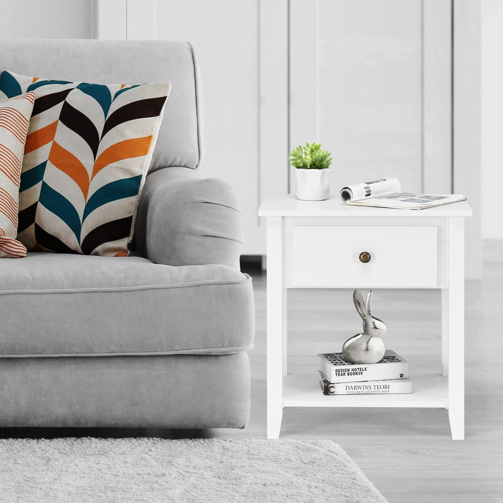 Set of 2 Accent Table Narrow Side End Table with 1 Drawer and Open Storage Shelf-White
