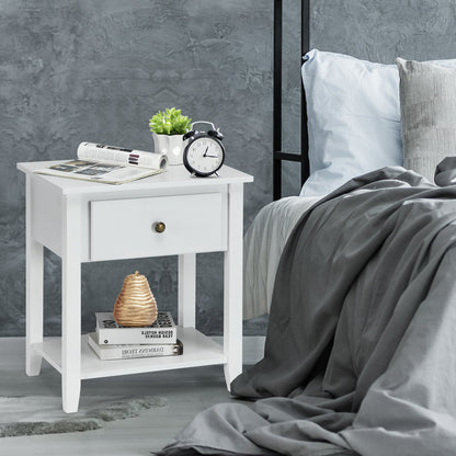 Set of 2 Accent Table Narrow Side End Table with 1 Drawer and Open Storage Shelf-White