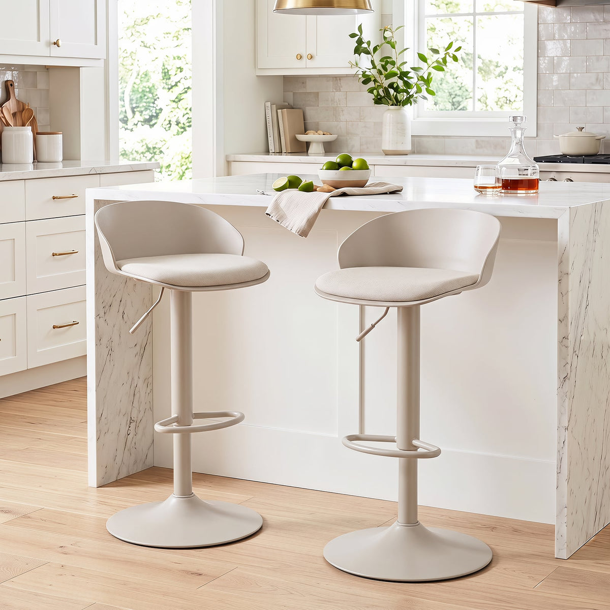 Set of 2 Adjustable Swivel Bar Stools with Back and Footrest Loads 150 KG Each-Beige