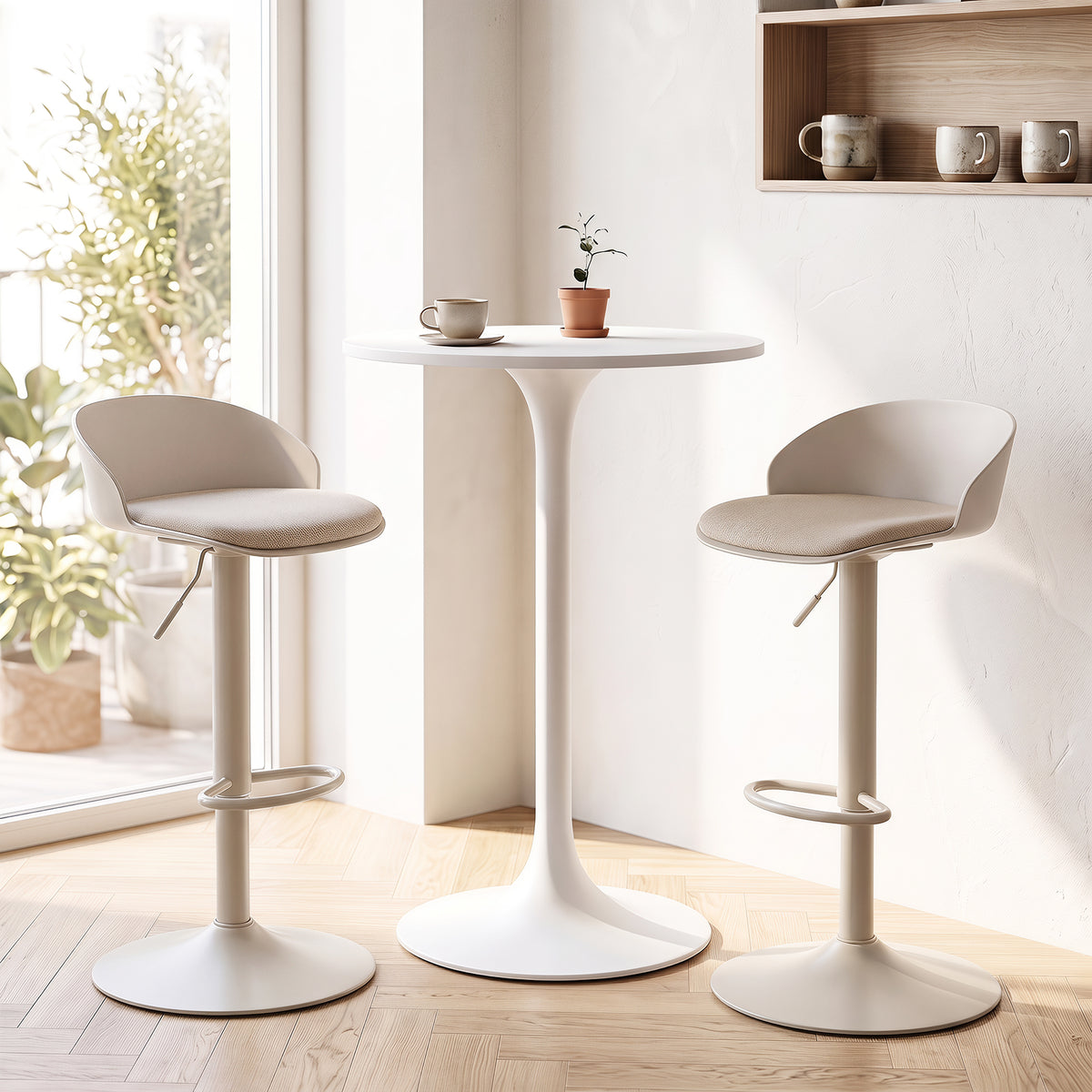 Set of 2 Adjustable Swivel Bar Stools with Back and Footrest Loads 150 KG Each-Beige