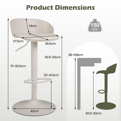 Set of 2 Adjustable Swivel Bar Stools with Back and Footrest Loads 150 KG Each-Beige