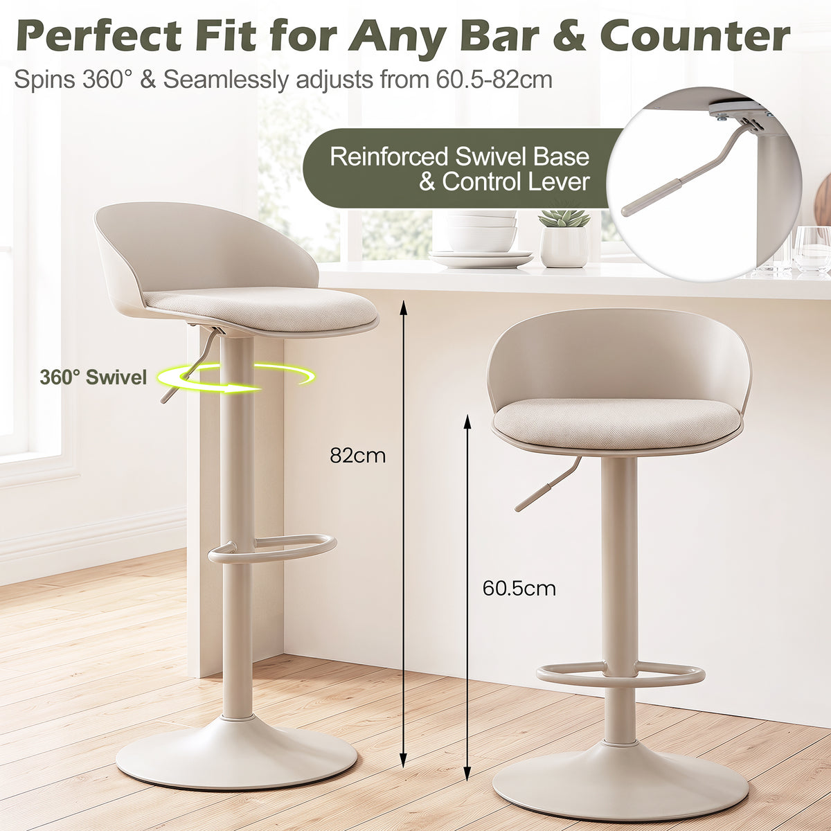 Set of 2 Adjustable Swivel Bar Stools with Back and Footrest Loads 150 KG Each-Beige