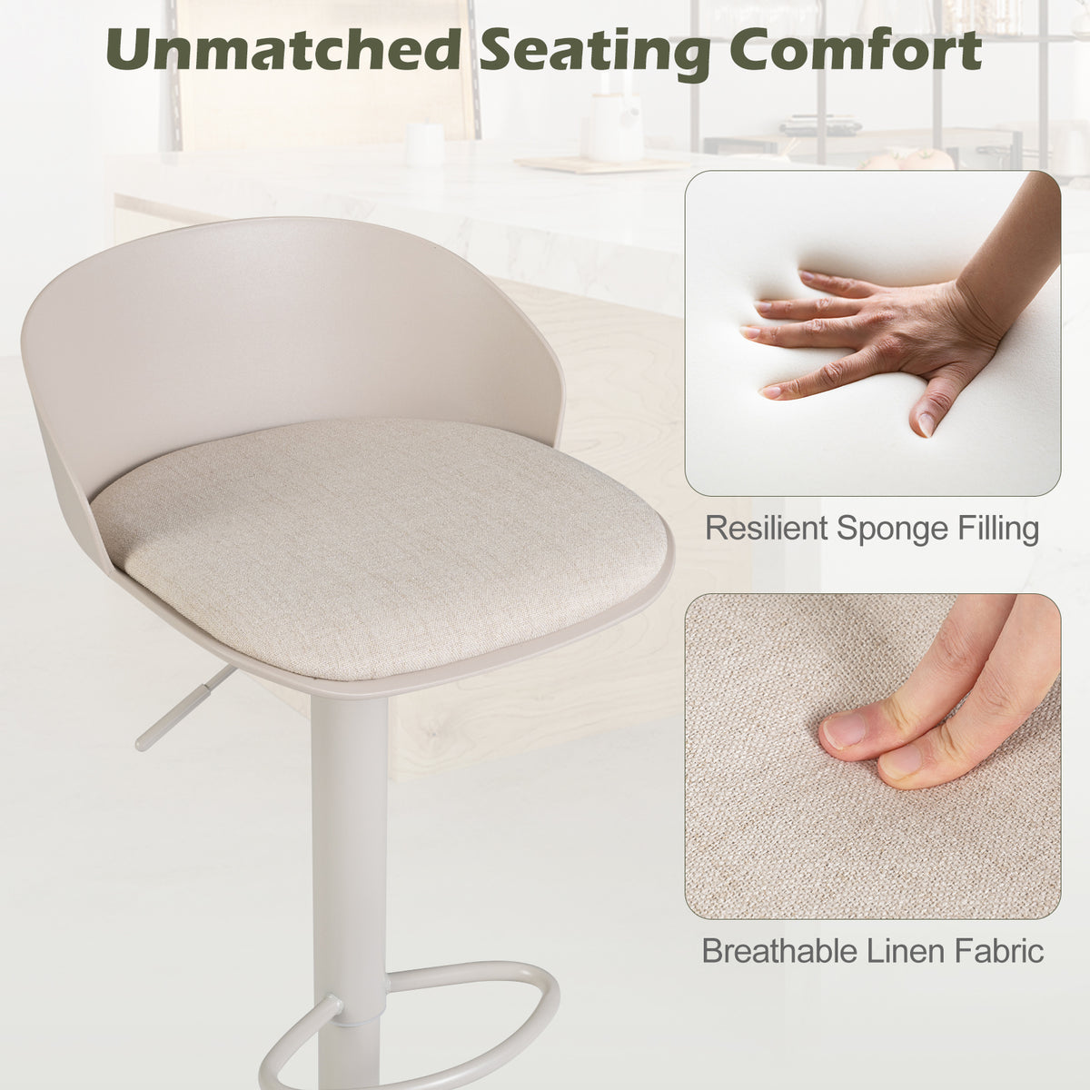 Set of 2 Adjustable Swivel Bar Stools with Back and Footrest Loads 150 KG Each-Beige