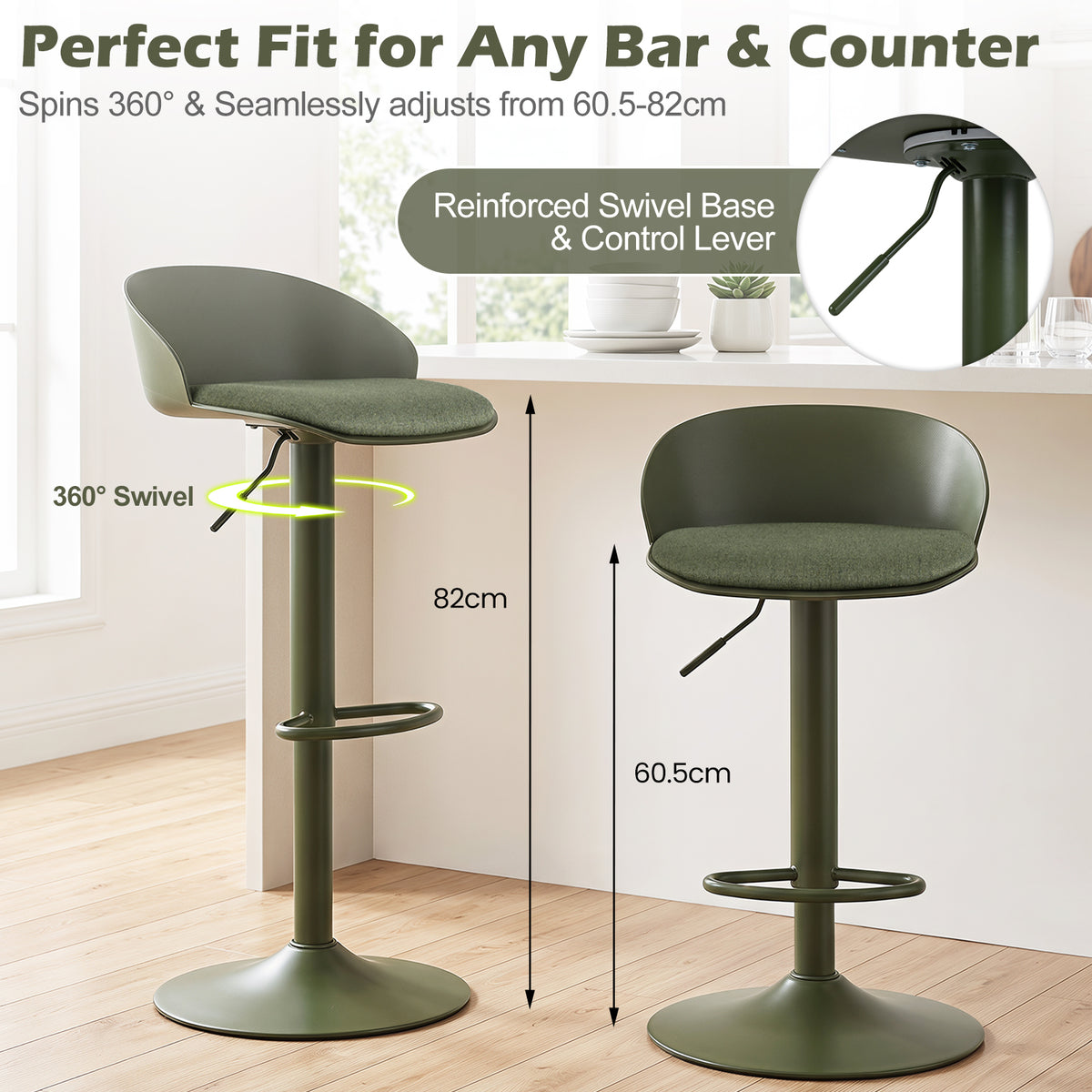 Set of 2 Adjustable Swivel Bar Stools with Back and Footrest Loads 150 KG Each-Green